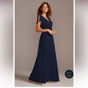 David's Bridal Blue Maxi Gown with Flutter Sleeves for Weddings
